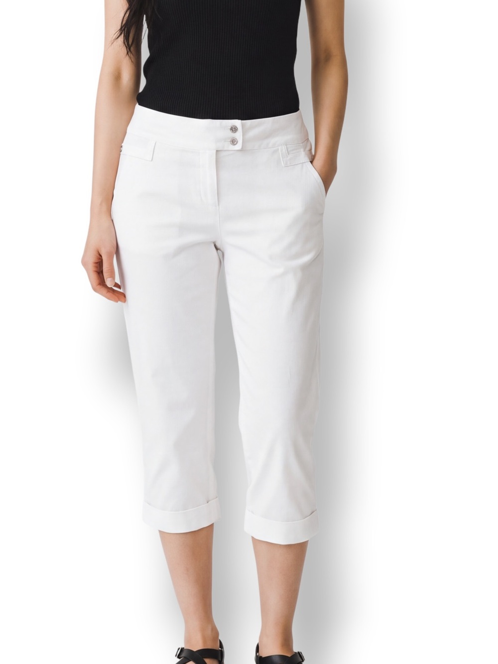 4/$20 Alfani White Stretch Slim Capri Pants Size 12 Double Button Mid Rise